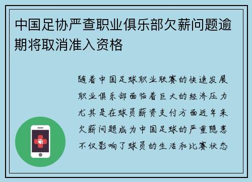 中国足协严查职业俱乐部欠薪问题逾期将取消准入资格 中国足协严查职业俱乐部欠薪问题逾期将取消准入资格